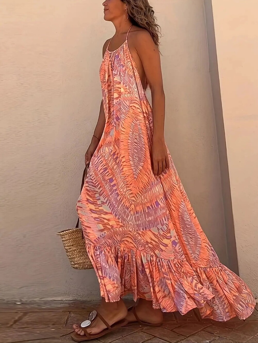 SHEIN Coral Pink & Lavender Abstract Halter Maxi Dress